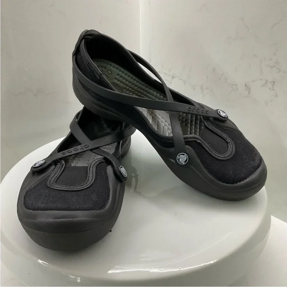 CROCS black Mary Janes ballet flats size 6 - Picture 1 of 8